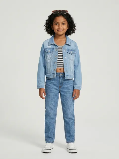 DrapeStudio result: a child model in a denim jacket and jeans