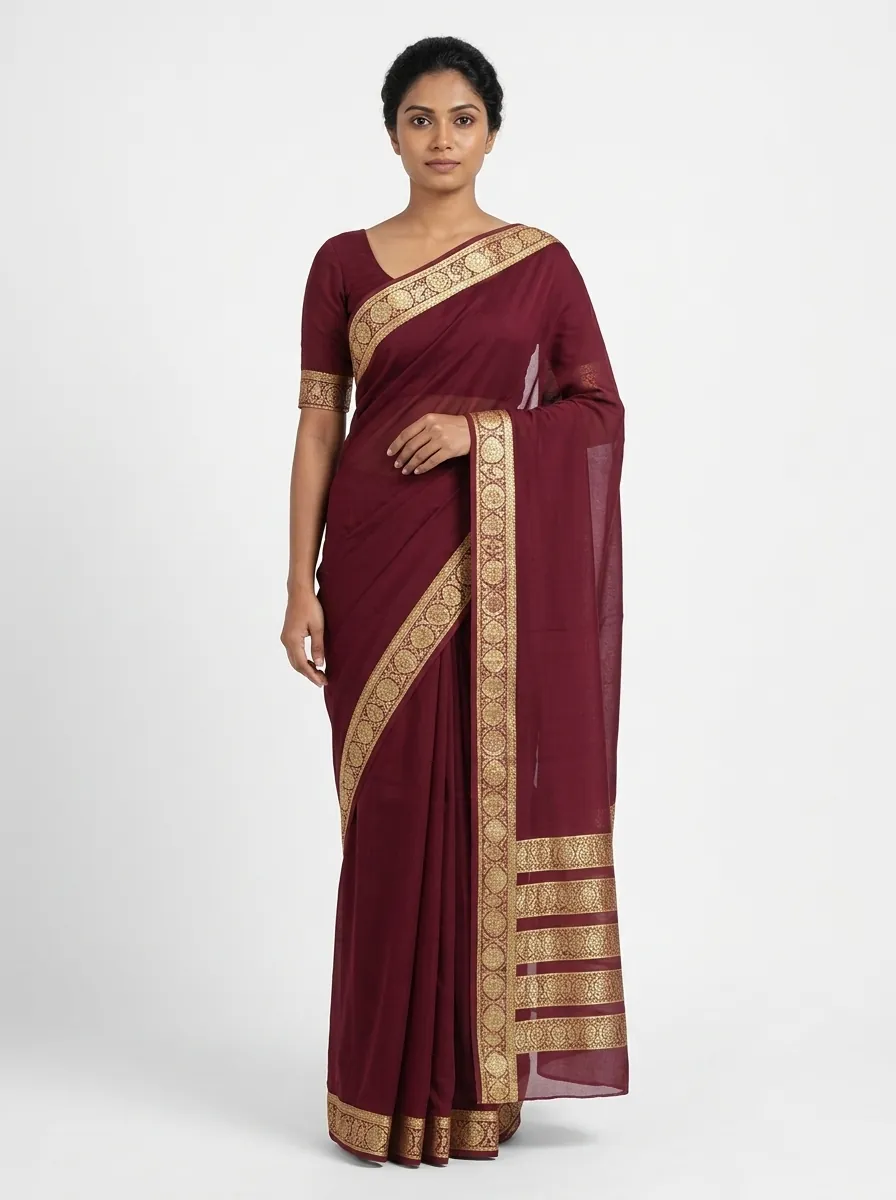 DrapeStudio result: the same maroon saree worn by a model in a studio