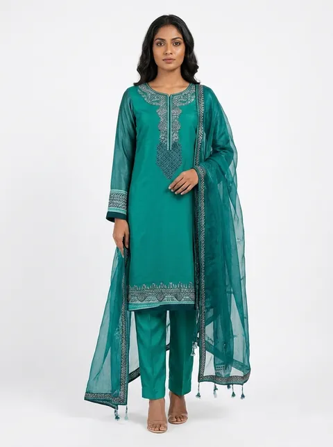 DrapeStudio result: the same teal shalwar kameez worn by a model