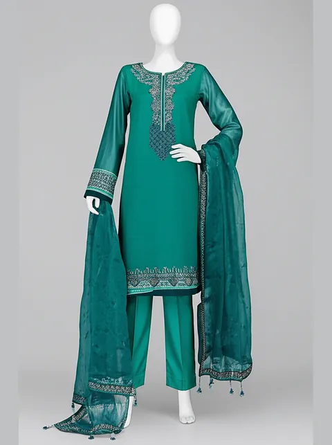 Garment photo of a teal shalwar kameez with a sheer dupatta on a mannequin