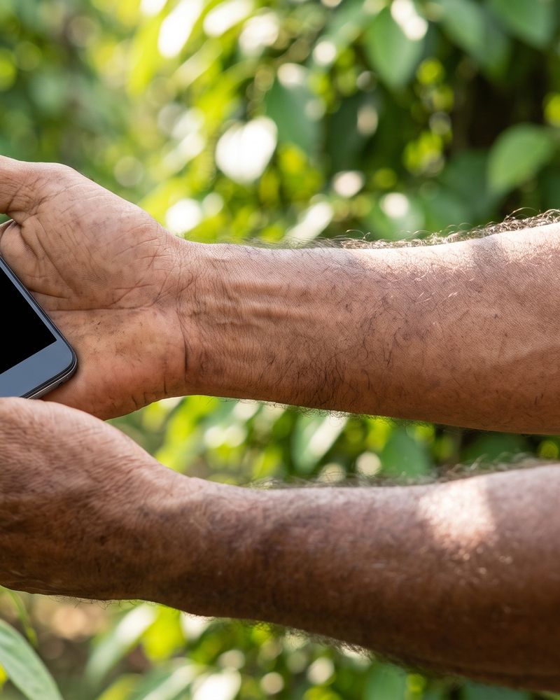 A farmer's hands holding a phone over a black pepper vine