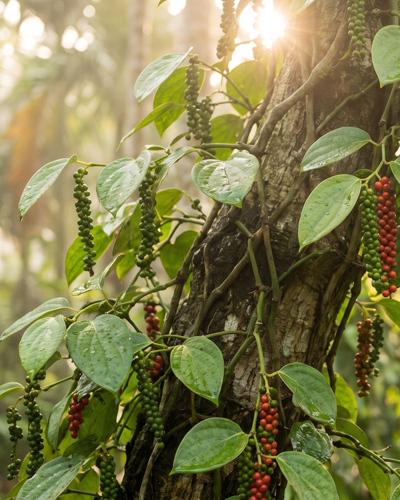 Black pepper vines with clusters of green and ripe red berries in morning light